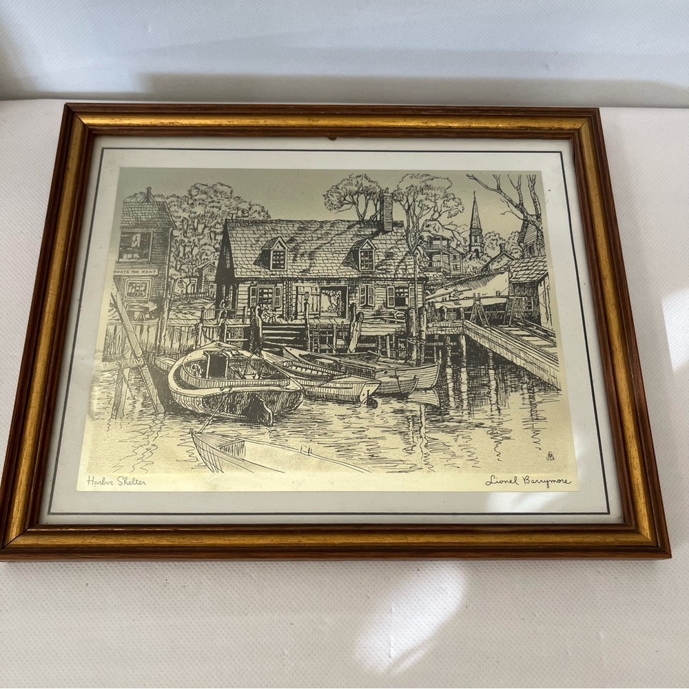 Vintage Framed Harbor Shelter By Lionel Barrymore Gold Foil Etching Art